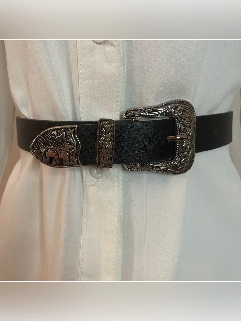 Black PU silver tone buckle skinny belt